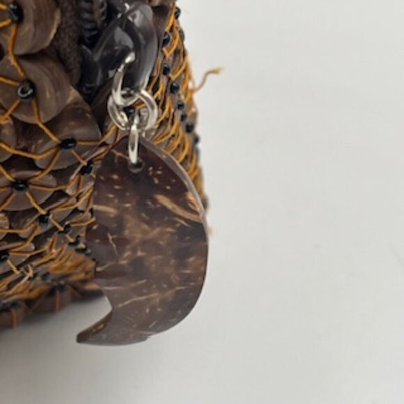 NEW Coconut Shell Button Beaded Handbag Brown Wooden Satchel Purse - Picture 6 of 11